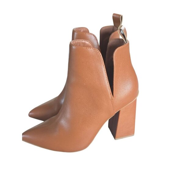 Bamboo Tan Leather Block Heel Ankle Boots Boho Fall Pointed Toe Women Size 7 - Picture 1 of 8